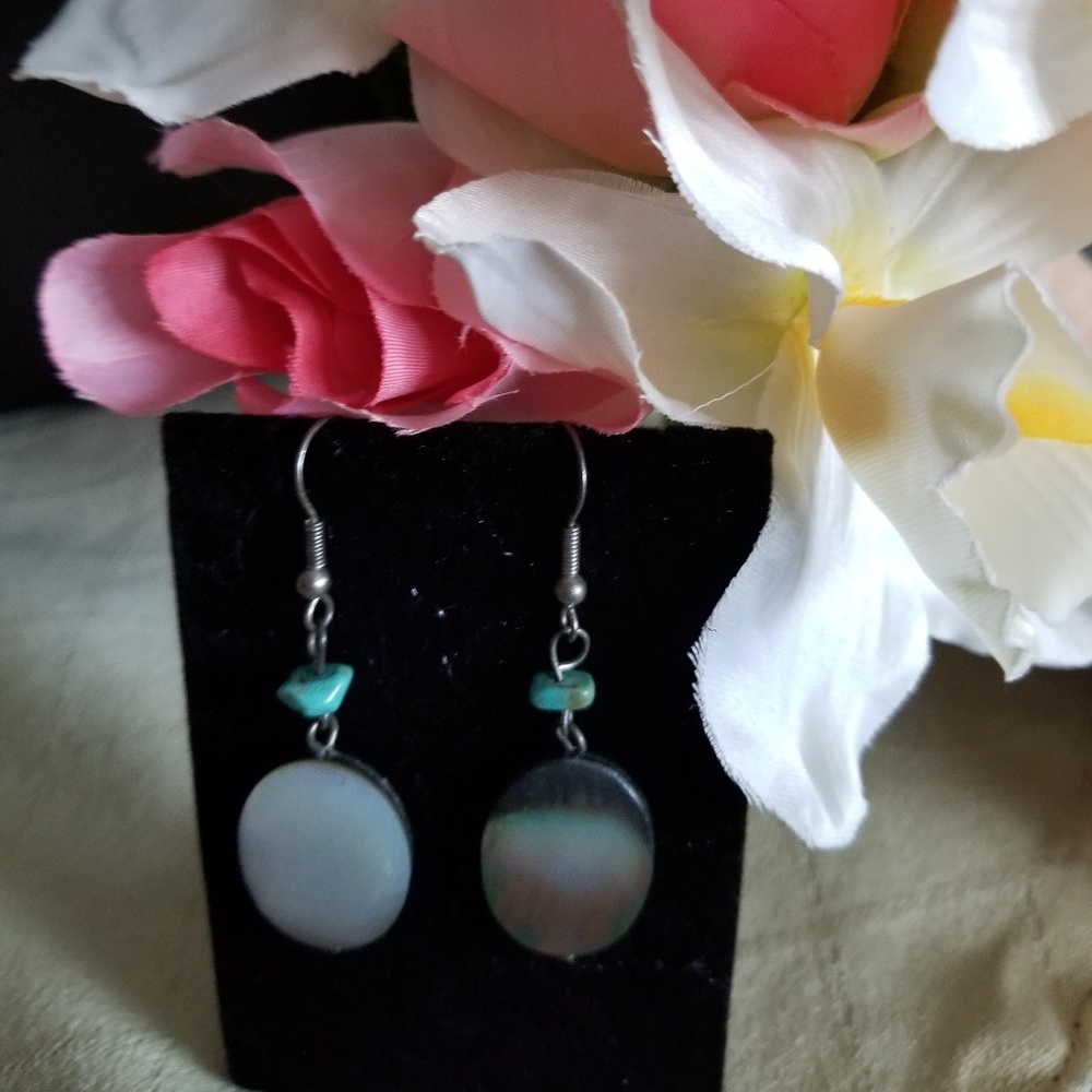 Gray Disc and Turquoise Bead Earrings #103